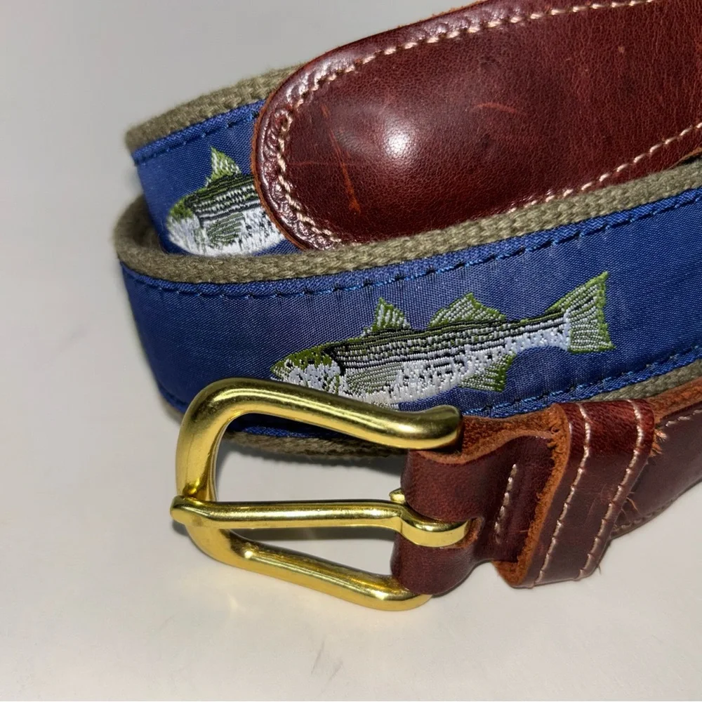 PRESTON New England Belt Men’s Sz 46 Bass Fish Blue Brown Leather Nautical Ocean